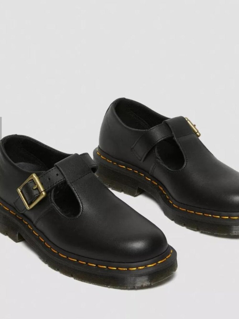 Dr. Martens Black Leather Mary Janes with Yellow Stitching